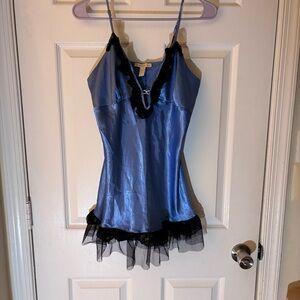 Flora Nikrooz blue satin lace slip dress rhinestone detail V neck Size Medium